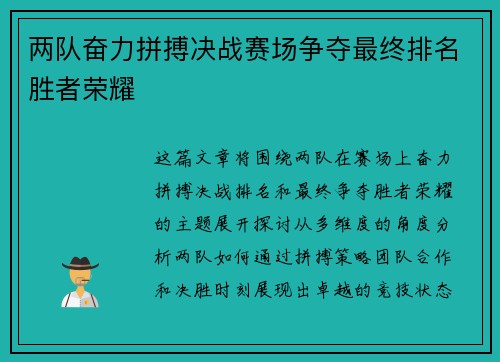 两队奋力拼搏决战赛场争夺最终排名胜者荣耀