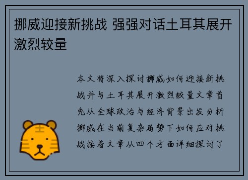 挪威迎接新挑战 强强对话土耳其展开激烈较量