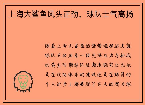 上海大鲨鱼风头正劲，球队士气高扬