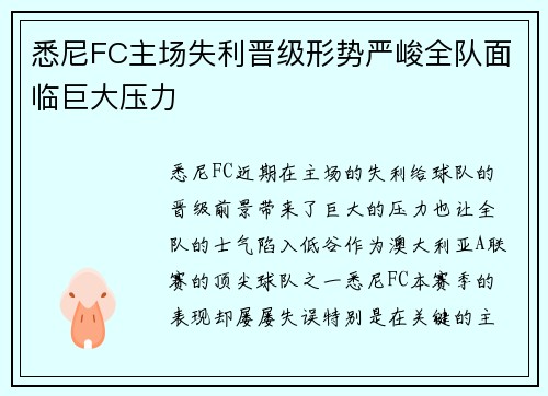 悉尼FC主场失利晋级形势严峻全队面临巨大压力